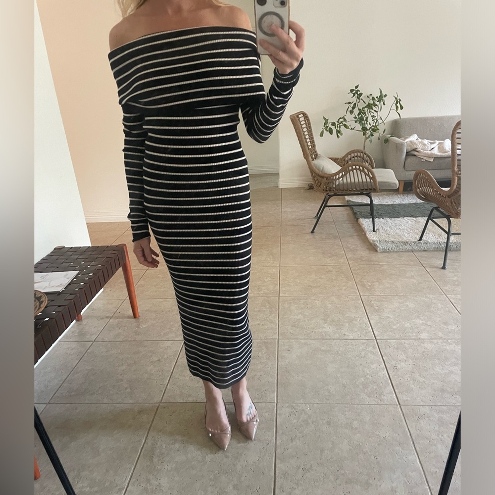 A.L.C. Navy and White Striped Off-Shoulder Ribbed Midi Dress